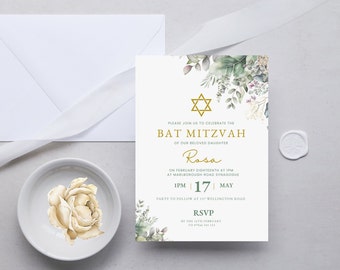 Mall för Bar Mitzvah-inbjudan i grönska, redigerbar Bar Mitzvah-canvasinbjudan, utskrivbar Bat Mitzvah-mall, DIGITAL NEDLADDNING MC09