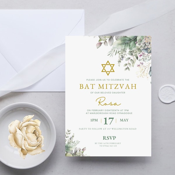 Greenery Bar Mitzvah Invitation Template, Editable Bar Mitzvah Canva Invitation, Printable Bat Mitzvah Template, DIGITAL DOWNLOAD MC09