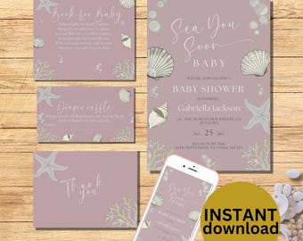 Pink Sea You Soon Baby Shower Bundle Editable Coastal Invitations & Decor for Beach Theme Party Seashell Baby Shower INSTANT DOWNLOAD SS9