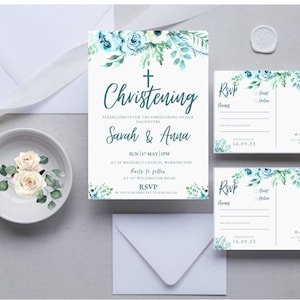 Printable Christening Invitation + RSVP for Twins , Baptism Invite, Twins Canva Baptism Party, Religious Invitation, DIGITAL DOWNLOAD MC0010
