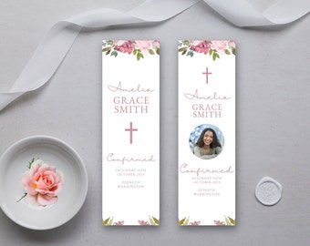 Confirmation Blush Pink Floral Printable Favour Bookmark 2.1"x 8.6" in 2 designs  Confirmation Keepsake for Guests DIGITAL DOWNLOAD MC0012