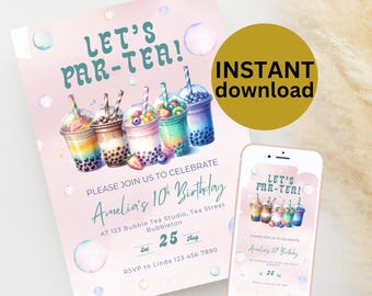 Bubble Tea Birthday Invitation: Editable Kawaii Party Template (Digital Download)