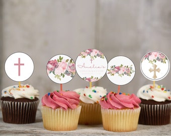 Elegant Blush Pink Floral Printable Confirmation Cupcake Toppers 2"x2" Template, Editable Party Cake, Canva  DIGITAL DOWNLOAD MC0011