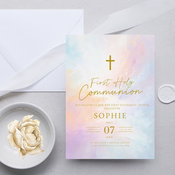 Rainbow First Holy Communion Invitation, Girls 1st Holy Communion Invite, First Communion Invitation Template, Canva DIGITAL DOWNLOAD MC82