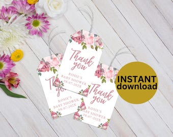 May include: Three pink and white floral thank you tags with the text "Thank you" and "Rosie's Baby Shower" with the date "08-07-202X".