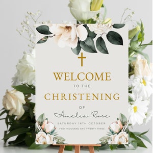 Taufe Willkommensschild, Canva Sofort-Download, bearbeitbare Boho-Karte, grün und gold, druckbares Taufschild DIGITAL DOWNLOAD MC08