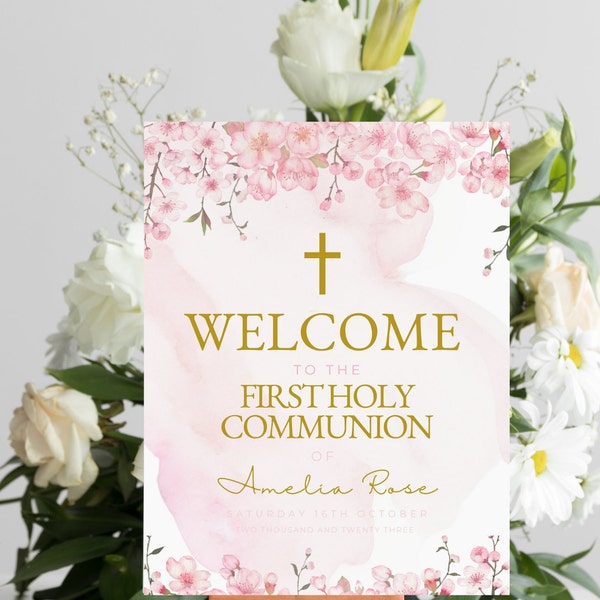 Girls First Holy Communion Welcome Sign, Printable 1st Communion Poster Template, Cherry Blossom Party Sign, DIGITAL DOWNLOAD MC02