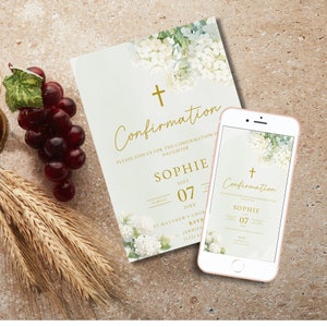 May include: A white and green floral design with a gold cross and the text "Confirmation" on a light green background. The text "Sophie" and "Sept 07 20XX" is also included. This is a digital invitation for a confirmation ceremony.