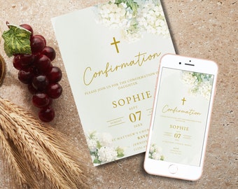 May include: A white and green floral design with a gold cross and the text "Confirmation" on a light green background. The text "Sophie" and "Sept 07 20XX" is also included. This is a digital invitation for a confirmation ceremony.
