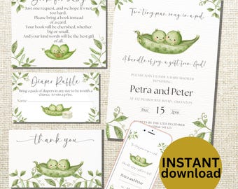Two Peas in a Pod Baby Shower Invitation Bundle Greenery Baby Shower Set  Editable Canva Template |Book Request Diaper Raffle Thank You PP9