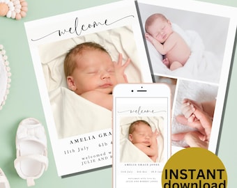 May include: A white card with black text announcing the birth of Amelia Grace. The card includes the baby's birthdate, weight, and the names of the parents. The card features a photo of the baby.