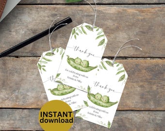 May include: White gift tags with a green pea pod illustration and the words "thank you". The tags also include the text "for celebrating with us from Kristin & Mike" and "INSTANT download".