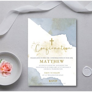 May include: A blue and gold watercolor invitation for a Confirmation ceremony. The invitation features a gold cross and the text "Confirmation" in gold script. The text "Please join us for the Confirmation of our son Matthew" is printed in black. The invitation also includes the date, time, and location of the ceremony, as well as the location of the party to follow.