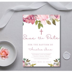 Save the Date Baptism Card Printable Baptism Party Announcement Editable Template Blush Pink, Red Floral, Boho Style DIGITAL DOWNLOAD MC0011