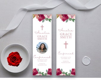 Confirmation Red and Blush Floral Printable Favour Bookmark 2.1"x 8.6"  2 designs, Gift for Guest Editable Bookmark DIGITAL DOWNLOAD MC0017