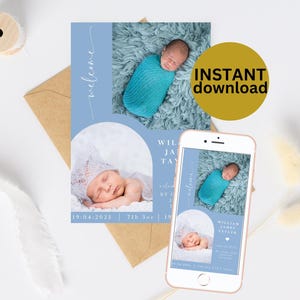 Baby Boy Birth Announcement Photo Card Modern Editable Template Printable Newborn Announcement, Unique Photo Card for Baby Boys 5x7 6x4  NB1