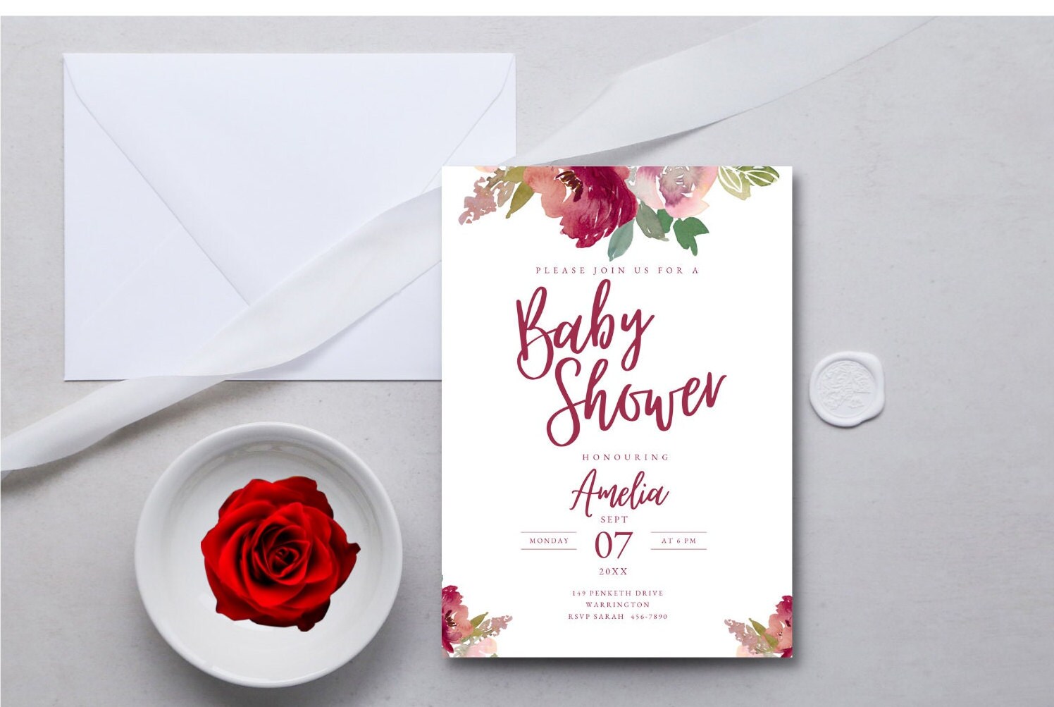 Boho Baby Shower Invite, Red and Blush Pink Floral Baby Shower Invitation,  Printable Baby Shower Editable Template DIGITAL DOWNLOAD MC0016 - Etsy, image size:1496x1003