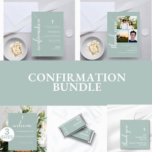 May include: A confirmation bundle with a light blue and white color scheme. The bundle includes a welcome sign, invitation, thank you card, chocolate bar wrappers, and a favor tag. The text on the items includes the name "Thomas" and the date "25.3.2023".