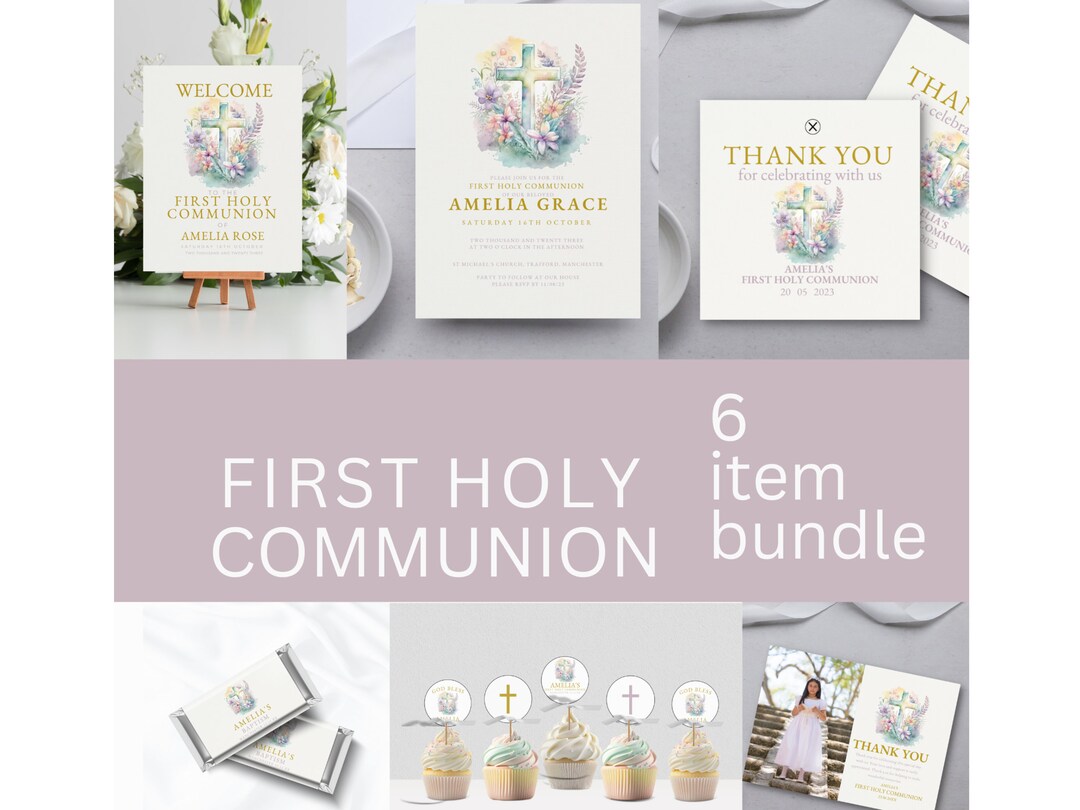 Editable First Holy Communion Bundle: Invitation, Cake Toppers, Welcome ...