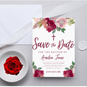 Sparen Sie die Datum Taufe Karte druckbare Taufe Party Ankündigung bearbeitbare Vorlage Blush Pink, Rot Floral, Boho Style DIGITAL DOWNLOAD MC0016