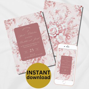 Elegante invitación para baby shower con diseño floral en color rosa Toile, personalizable, imprimible, editable, sin papel, para baby shower de niña, DESCARGA DIGITAL PT1