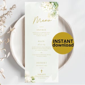 May include: A menu card with a floral design and the word "Menu" in gold script. The menu includes entree, main, and dessert options. A gold circle with "INSTANT download" is on the right. The bottom of the card says "Sarah's Confirmation 23/06/2023".