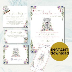 Invitación editable para baby shower con koala Invitación personalizable para baby shower Tema de animal australiano Descarga instantánea Sorteo de pañales k2