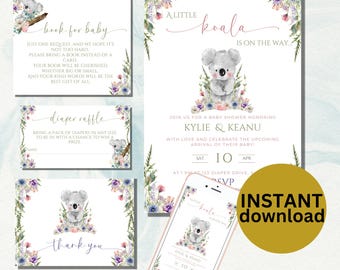 May include: A baby shower invitation with a cute koala illustration. The invitation is decorated with watercolor flowers in shades of pink, purple, and blue. The text on the invitation reads "A Little Koala is on the Way..." and includes the names "Kylie & Keanu" and the date "Sat 10 Apr".