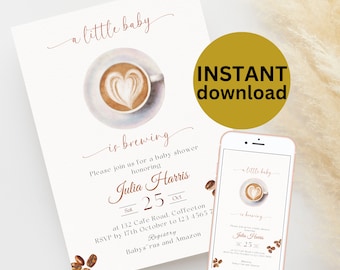 Invitación imprimible minimalista para baby shower con diseño de granos de café, editable. Invitación digital para baby shower con café. Un bebé se está gestando (descarga digital).