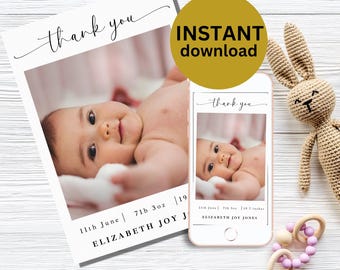 May include: A digital thank you card template with a photo of a baby girl. The card includes the text "thank you" and the baby's name, birthdate, weight, and length. The card is designed for a mobile phone screen.