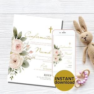Könnte beinhalten: Eine druckbare Einladung zur Konfirmation mit einem floralen Design in Rosa- und Grüntönen. Der Text lautet "Konfirmation" und "Niamh".