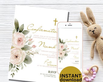 Può includere: Un invito di conferma stampabile con un design floreale in tonalità rosa e verde. Il testo recita "Conferma" e "Niamh".