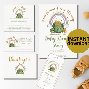 Può includere: Un invito stampabile per un baby shower con un arcobaleno, un vaso d'oro e trifogli. Il testo recita "A wee shamrock is on the way. Please join us for a Baby Shower honoring Stacey. February 18th at 1 pm at 132 South Road, Warrington. The 16th February 846 345 123"