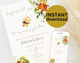 Bee babyshower uitnodiging bewerkbare sjabloon Mommy to Bee invite Canva sjabloon genderneutraal Honey Bee babyshower uitnodiging