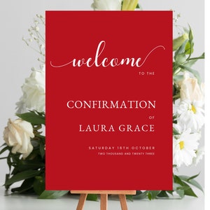 Confirmation party welcome sign, Red Confirmation Poster,  Modern Minimal Sign, Welcome to the Party, Editable DIGITAL DOWNLOAD MC015