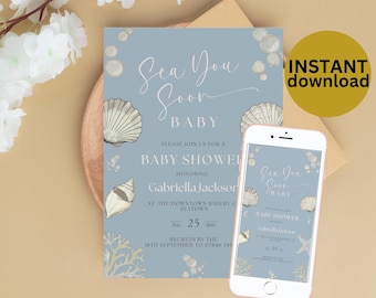 Digital Sea You Soon Baby Shower Invitation Editable Coastal Theme Beach Baby Shower Summer Invite with Seashells Blue INSTANT DOWNLOAD SS9