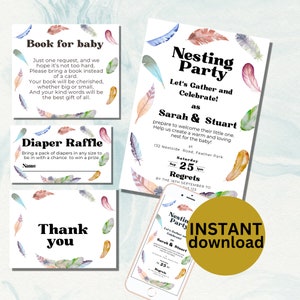 Lot d'invitations à une fête avec nidification, plumes modifiables, lot d'invitations à une fête avec nidification, oiseau neutre entre les sexes, tirage de couches pour baby shower, TÉLÉCHARGEMENT NUMÉRIQUE NP1