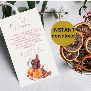 Etiqueta de vinho quente editável, instruções para vinho quente, etiqueta de presente de vinho quente de Natal, etiqueta de vinho de Natal para impressão Download digital SP1