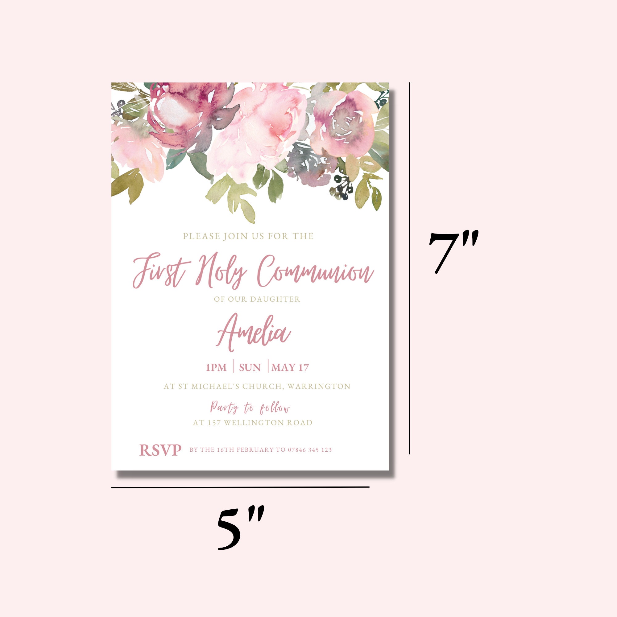 Blush Pink Floral First Holy Communion Invitation Template, Printable ...