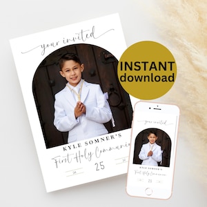 Invitación minimalista con foto para primera comunión, plantilla editable, tarjeta imprimible, descarga digital para niños. Tarjeta digital. DESCARGA DIGITAL MI3.