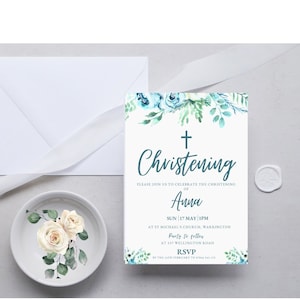 Christening Invitation Template in greens and creams, Printable Girls Christening Invite, Religious Invitation, DIGITAL DOWNLOAD MC0010
