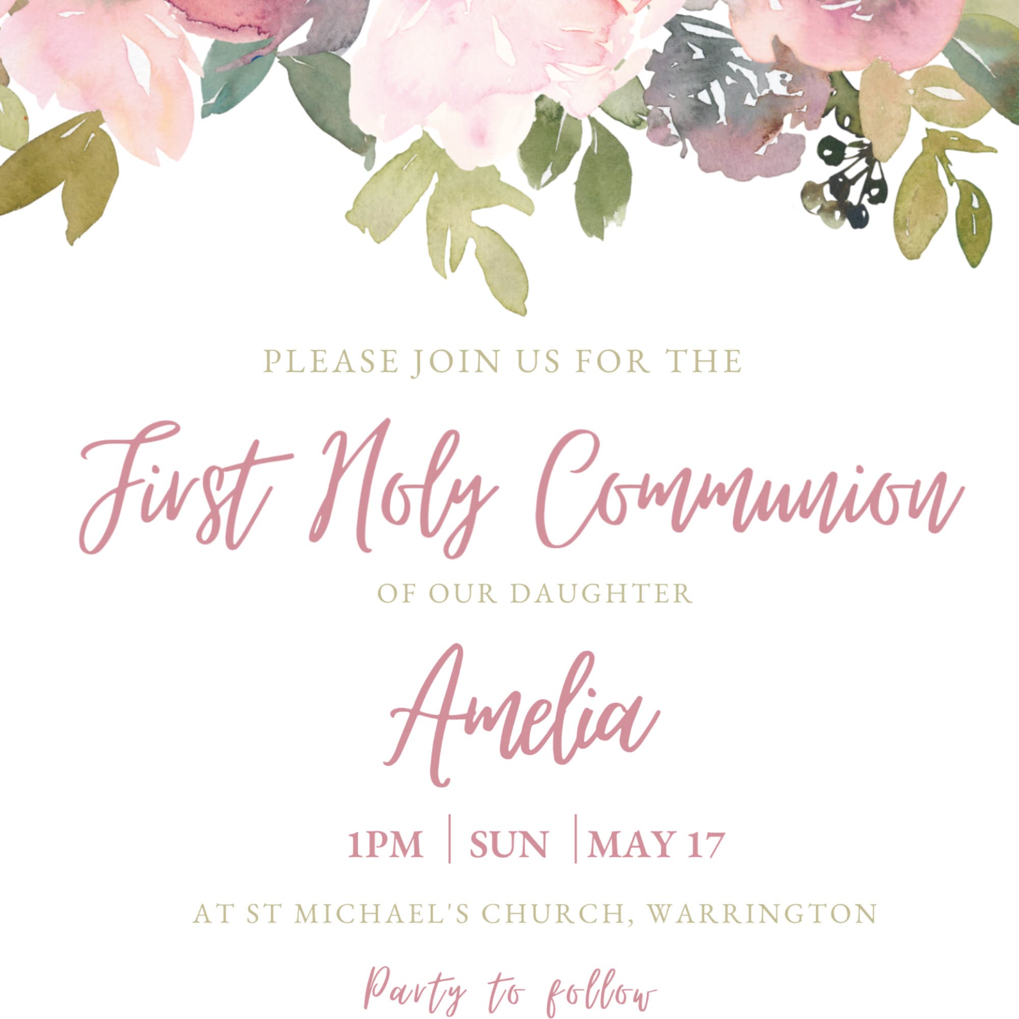 Blush Pink Floral First Holy Communion Invitation and RSVP Template ...