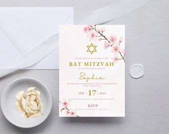 Invito rosa per Bat Mitzvah, invito per Bat Mitzvah con fiori di ciliegio, invito stampabile per Bat Mitzvah per ragazze, Stella di David, DOWNLOAD DIGITALE MBM1