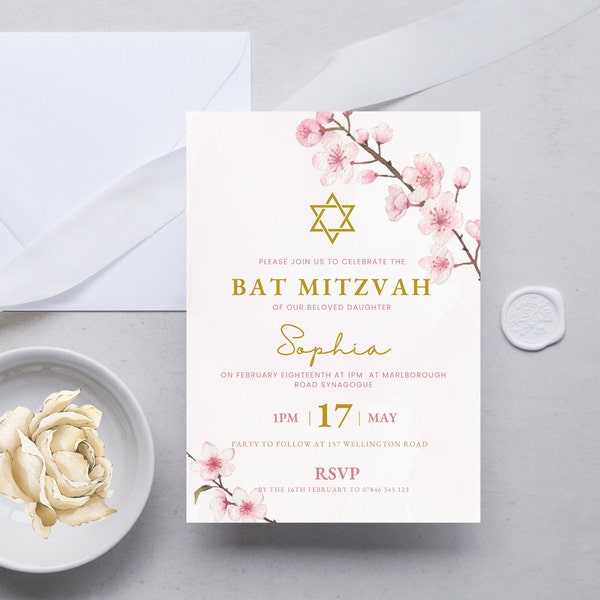 Pink Bat Mitzvah Invitation, Cherry Blossom Bat Mitzvah Invitation, Girls Bat Mitzvah Printable,  Star Of David, DIGITAL DOWNLOAD MBM1