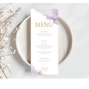 Modelo de menu Purple Gold, menu Canva editável, menu de evento para impressão, design de cartão de jantar de aniversário DOWNLOAD DIGITAL MC04