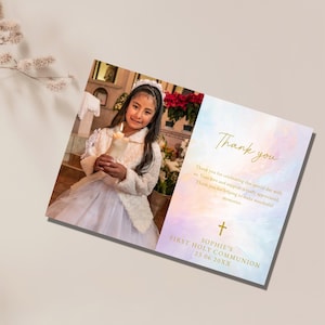 Cartão de agradecimento personalizado para primeira comunhão Cartão postal elegante de agradecimento para batismo Cartão postal religioso personalizado para impressão CANVA DOWNLOAD DIGITAL MC82