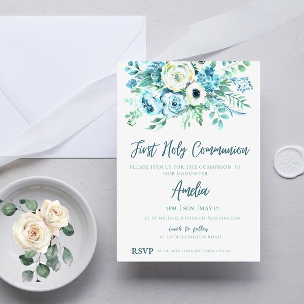 Boho Teal green and Cream Rose First Holy Communion Invitation Template, Printable Confirmation Instant  Printable, DIGITAL DOWNLOAD MC0010