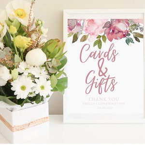 Enseigne pour cartes et cadeaux rose poudré 20 x 10 po. Modèle canva imprimable Fête bricolage signe supplémentaire Fête de confirmation imprimable, TÉLÉCHARGEMENT NUMÉRIQUE MC0011