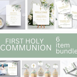 Pack première communion verdure : Invitation, décoration de gâteau, plaque de bienvenue, carte de remerciement, étiquette de faveur, décoration de gâteau, étiquette, TÉLÉCHARGEMENT NUMÉRIQUE