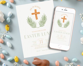 He Is Risen Easter Cross Invitation Editable Printable Religious Party Invite E-Invitation Brunch Lunch Instant Download Size 5x7, 4x6  EM1
